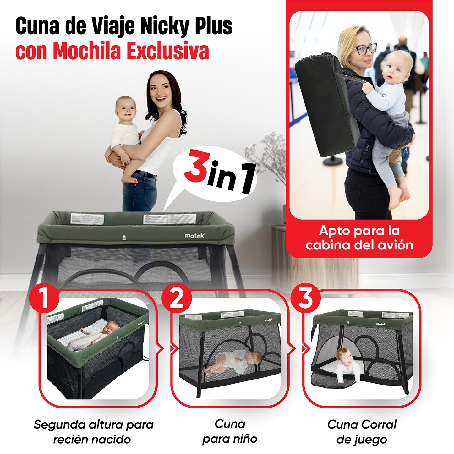 Cuna Corral Viaje Motek Nicky + Mochila 2 Niveles Mosquitero