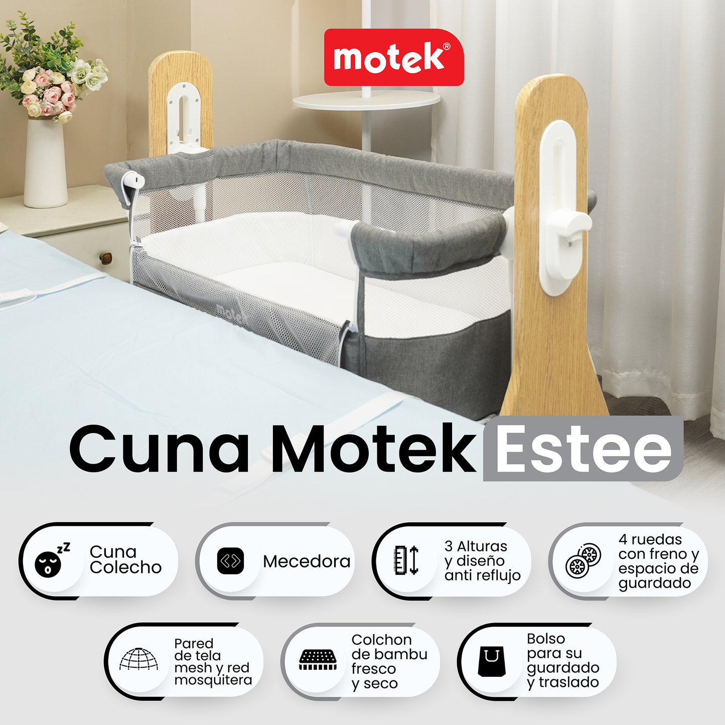 Cuna Colecho Motek Estee Bebe Mecedora Mosquitero Deluxe