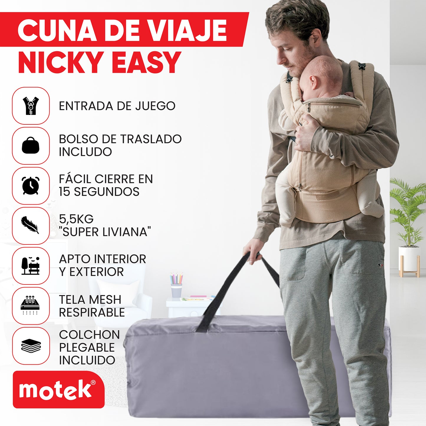 Cuna Corral Viaje Motek Niky Easy con Bolso y Mosquitero